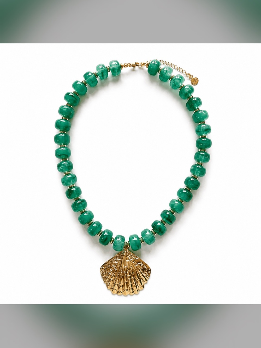 Mayamar Emerald Green Scallop Bead Necklace with 24k Plated Gold Shell (NWT)